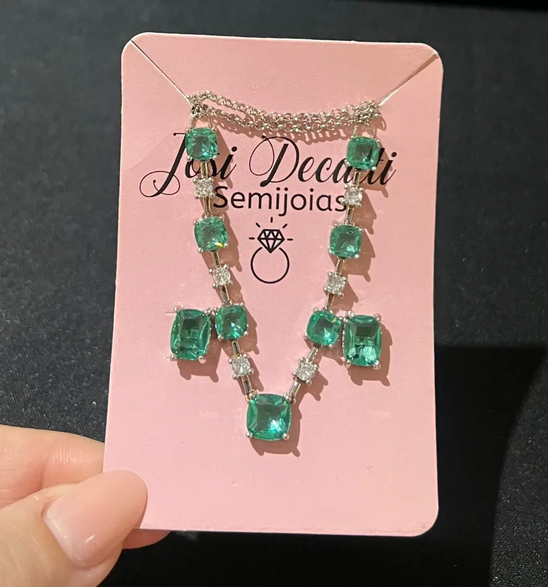 Conjunto choker pedra verde e cristal Ródio