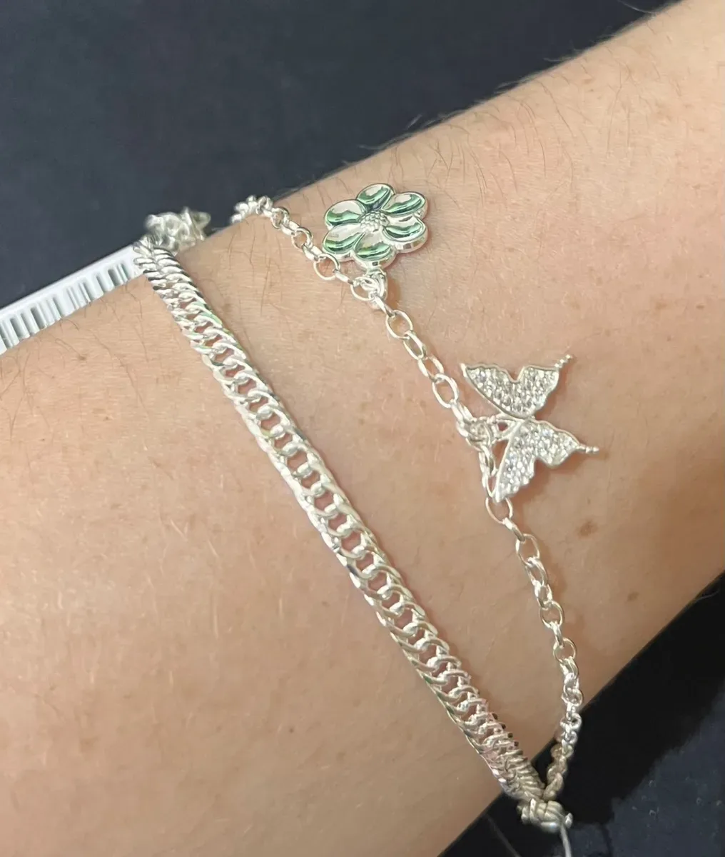 Pulseira dupla flor e borboleta Pr