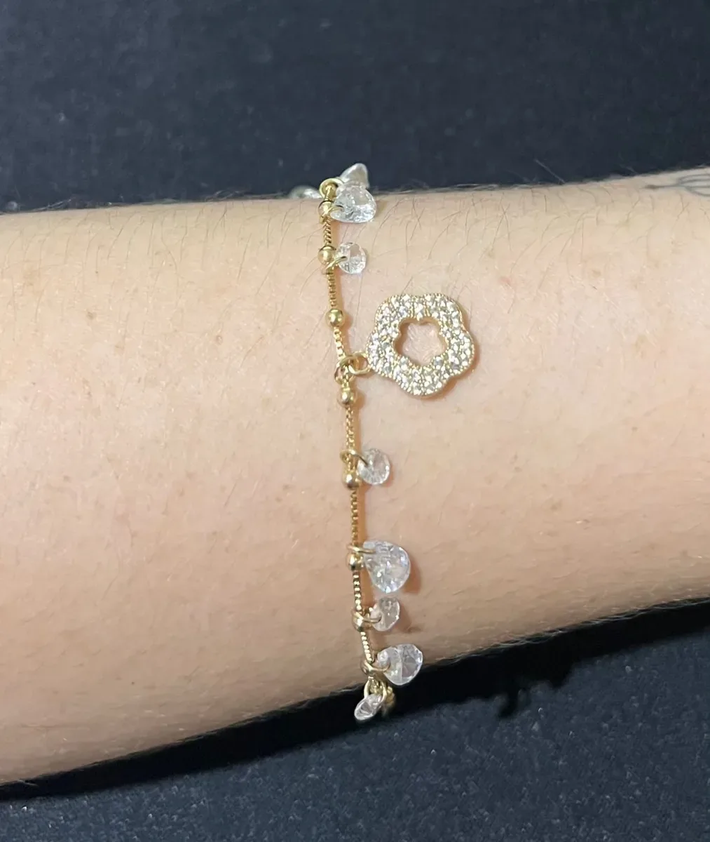 Pulseira pend trevo vazado zirc pedras Dou