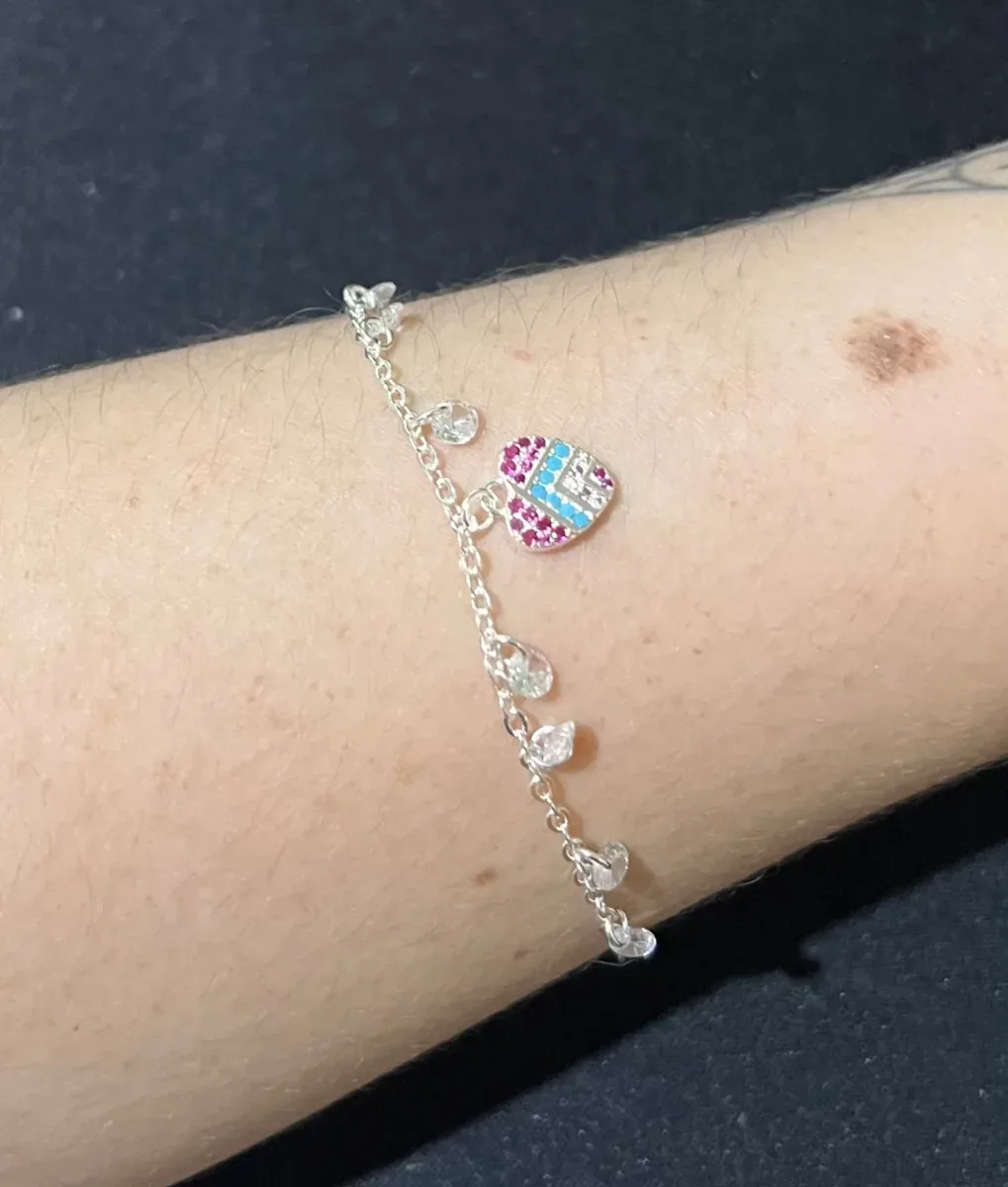 Pulseira coraç colorido pedras pend Pr