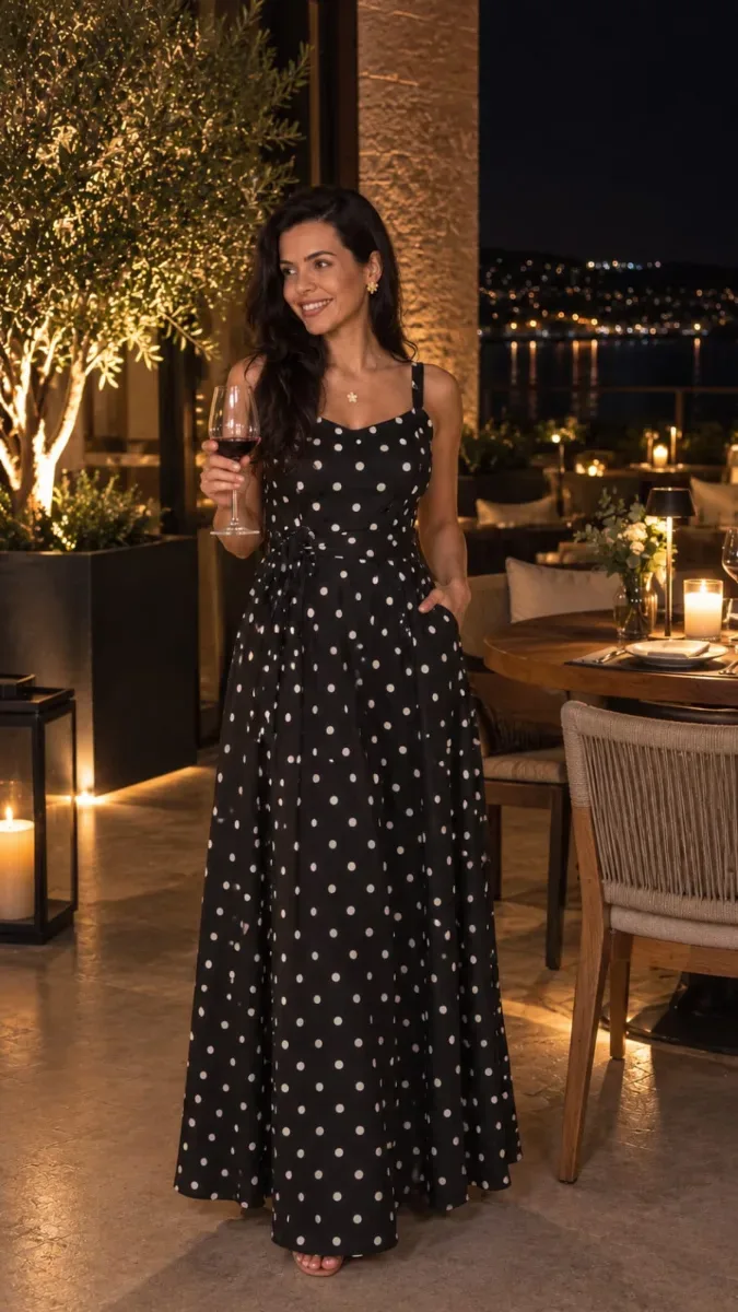 Vestido Longo poá preto e branco de elástico  tecido sensorial marrante tam G
