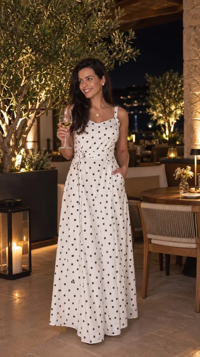 Vestido Longo poá branco e preto de elástico  tecido sensorial marrante tam G