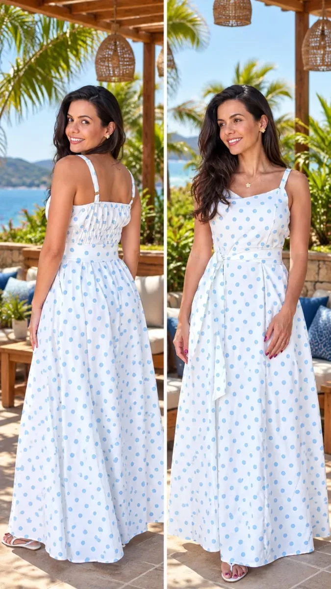 Vestido Longo poá branco e azul bebê de elástico tecido sensorial marrante tam G
