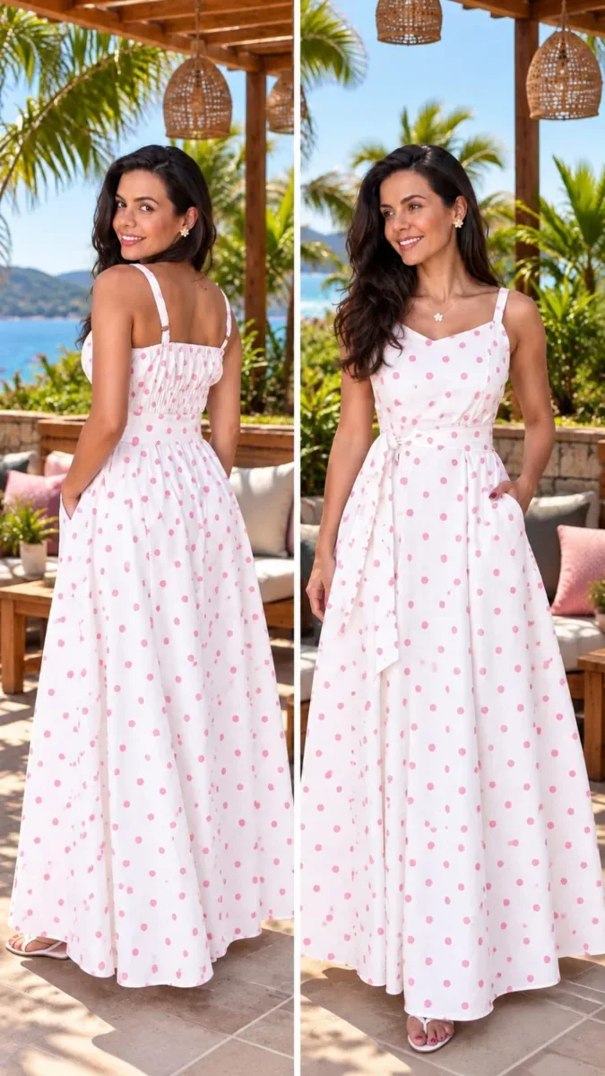 Vestido Longo poá branco e rosa bebê de elástico tecido sensorial marrante tam G