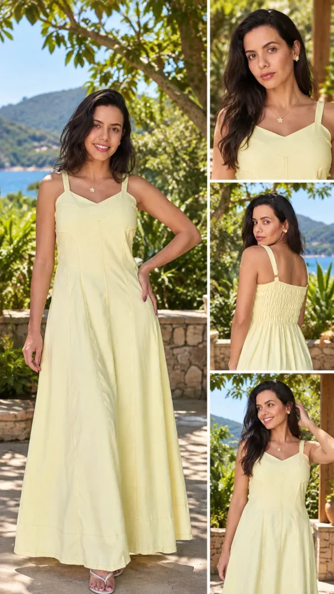 Vestido Longo viscolinho c/ elástico atrás amarelo tam U