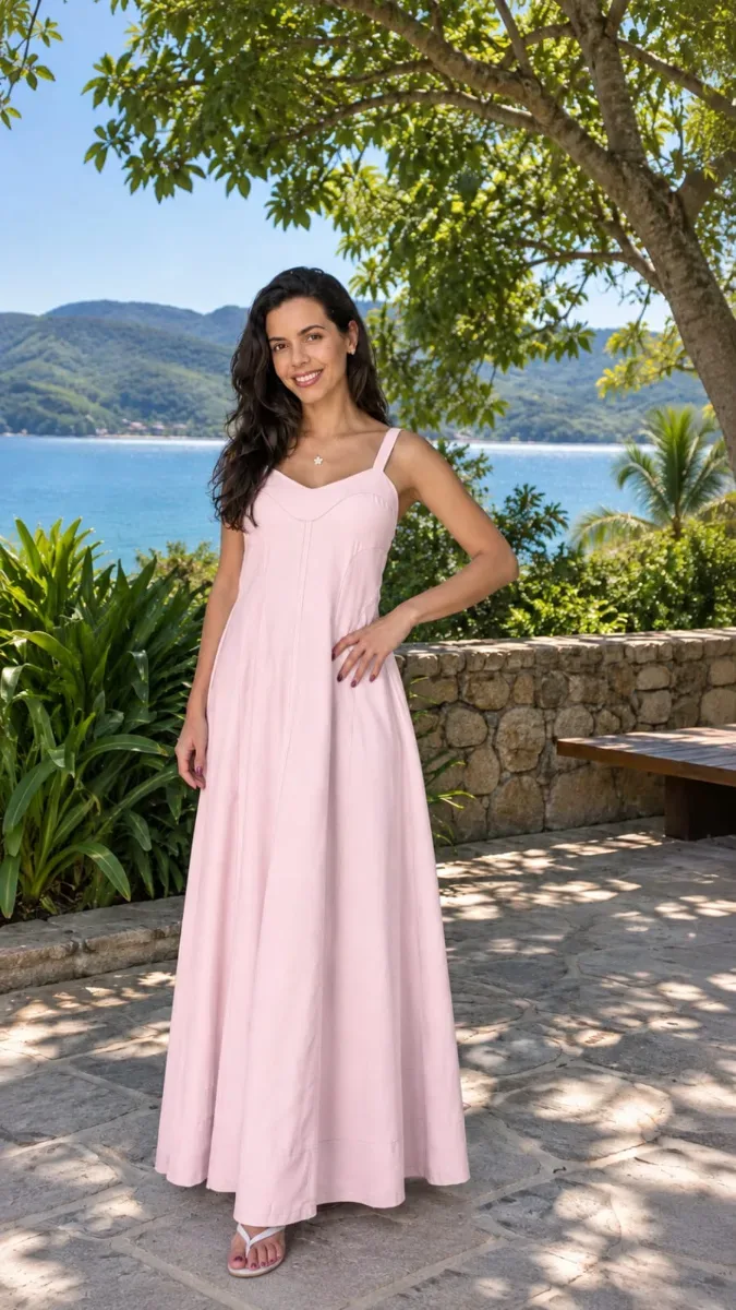 Vestido Longo viscolinho c/ elástico atrás rosa bebê tam U
