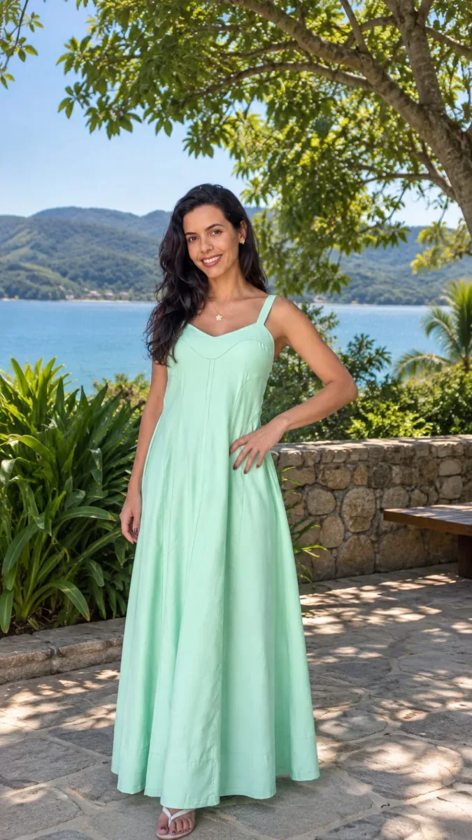 Vestido Longo viscolinho c/ elástico atrás verde tam U