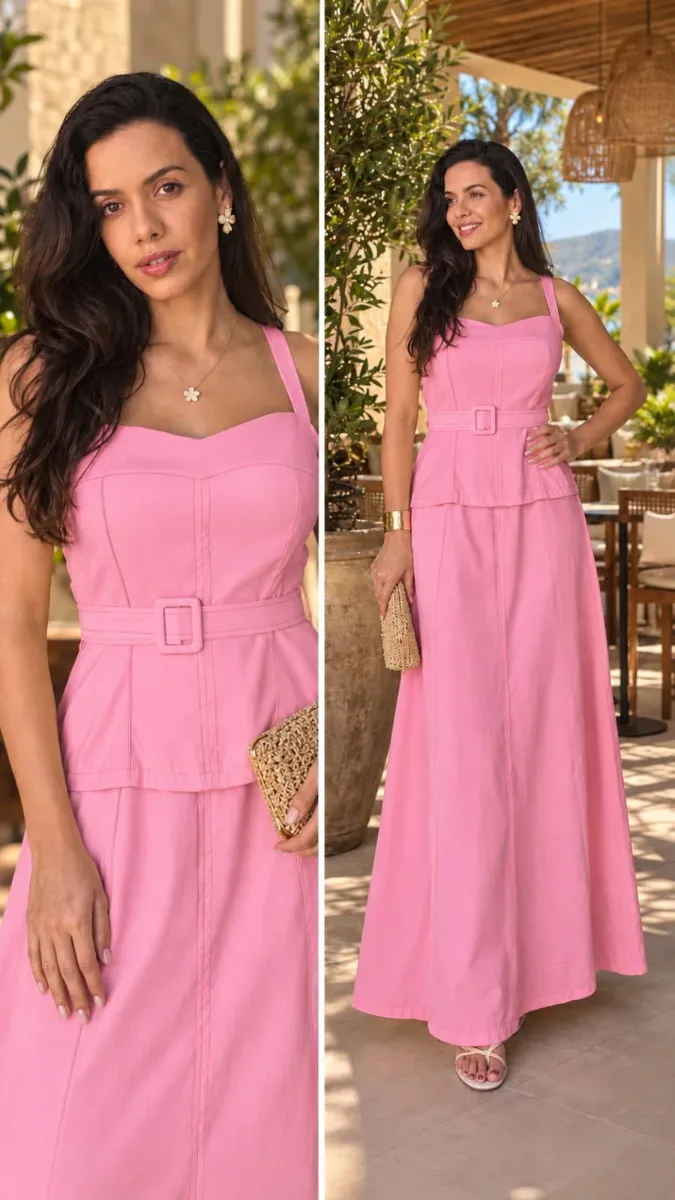 Vestido "conjunto" longo de viscolinho c/ elástico atrás rosa tam M