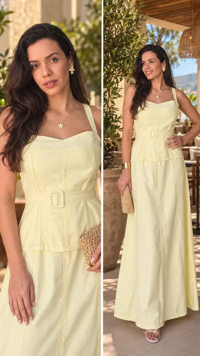 Vestido "conjunto" longo de viscolinho c/ elástico atrás amarelo tam G